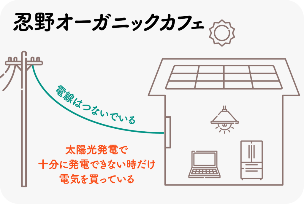 図解：忍野オーガニックカフェ/電柱からの電線が家につながっている図「太陽光発電で十分に発電できない時だけ電気を買っている」